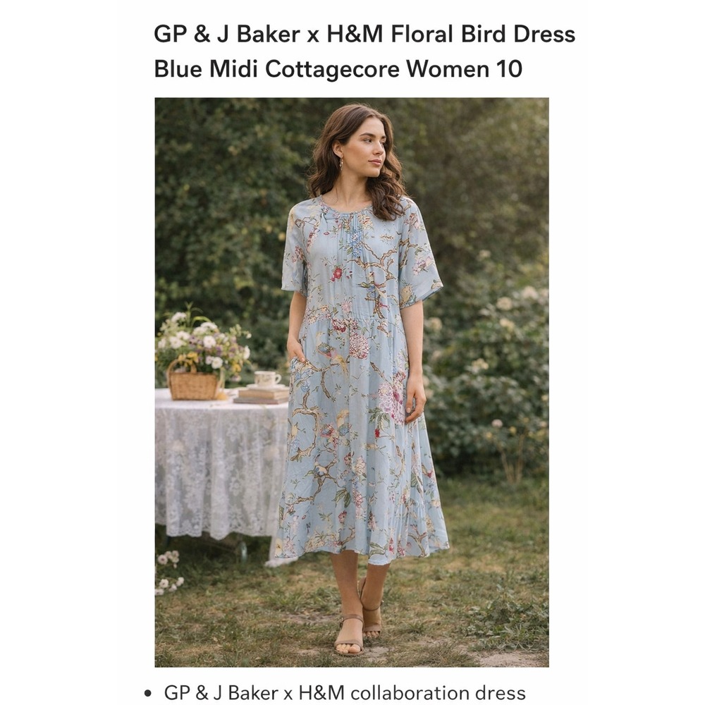 GP & J Baker H&M Blue Floral Bird Print Midi Dress Cottagecore‎ Romantic 10